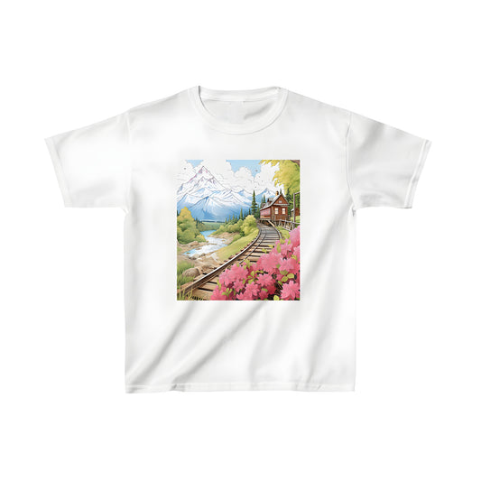 Colorful kids mountain scene graphic tee shirt with railroad tracks cabin flowers pine trees and flowing river print