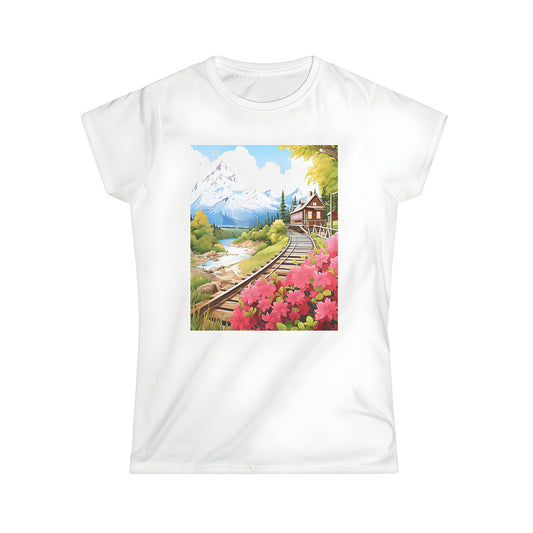 Women's T-shirt with scenic mountain landscape print