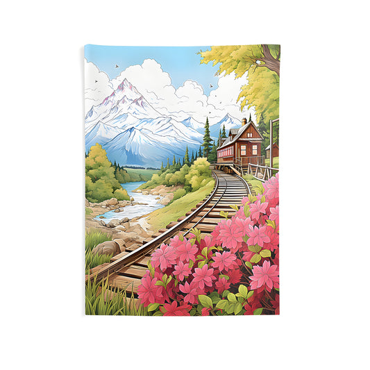 Indoor wall tapestry with mountain landscape decor, featuring serene railroad tracks, wooden cabin, and colorful floral details