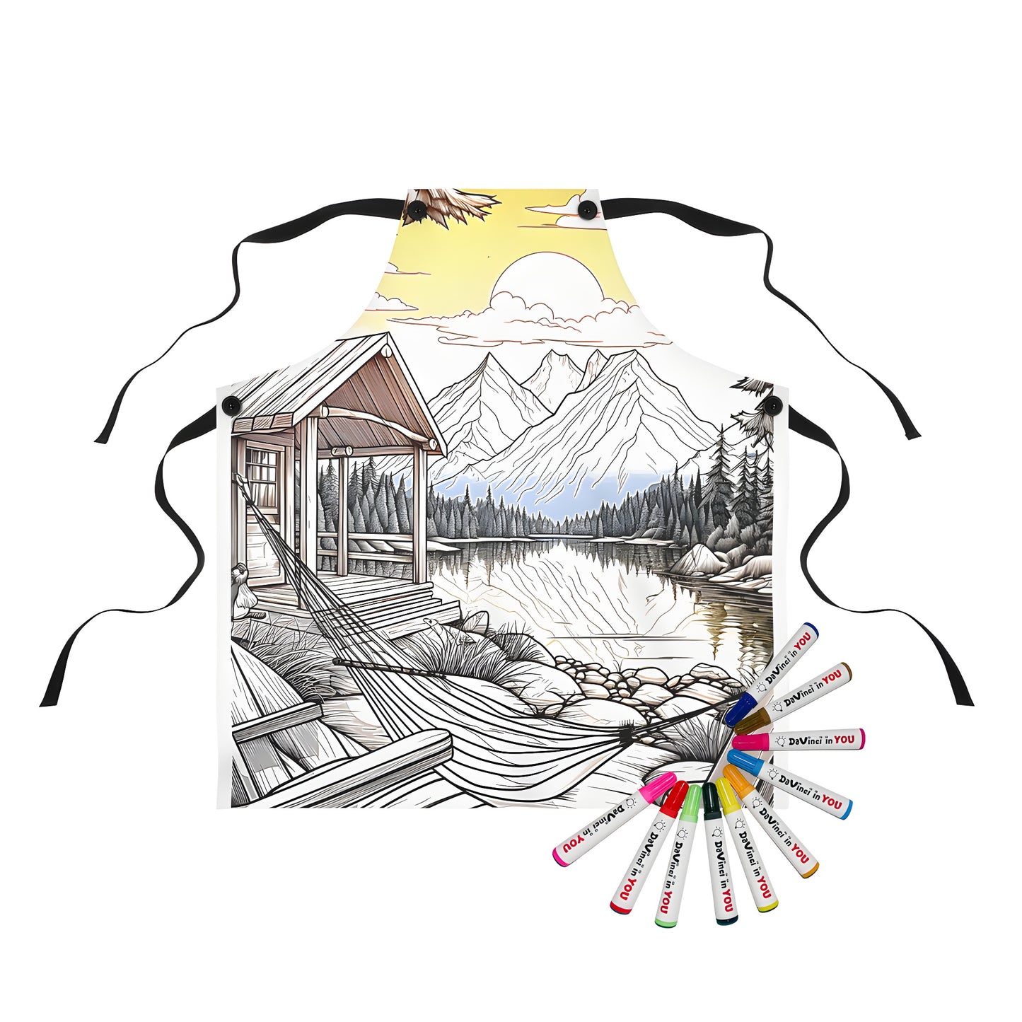 Peaceful cabin decor inspired apron with colorful markers and serene lake landscape