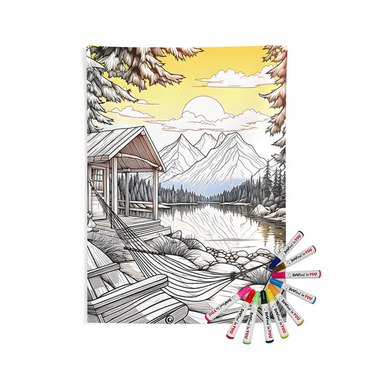 Indoor wall tapestry featuring a serene mountain retreat by a peaceful lake with a hammock and trees against a warm yellow sunset backdrop