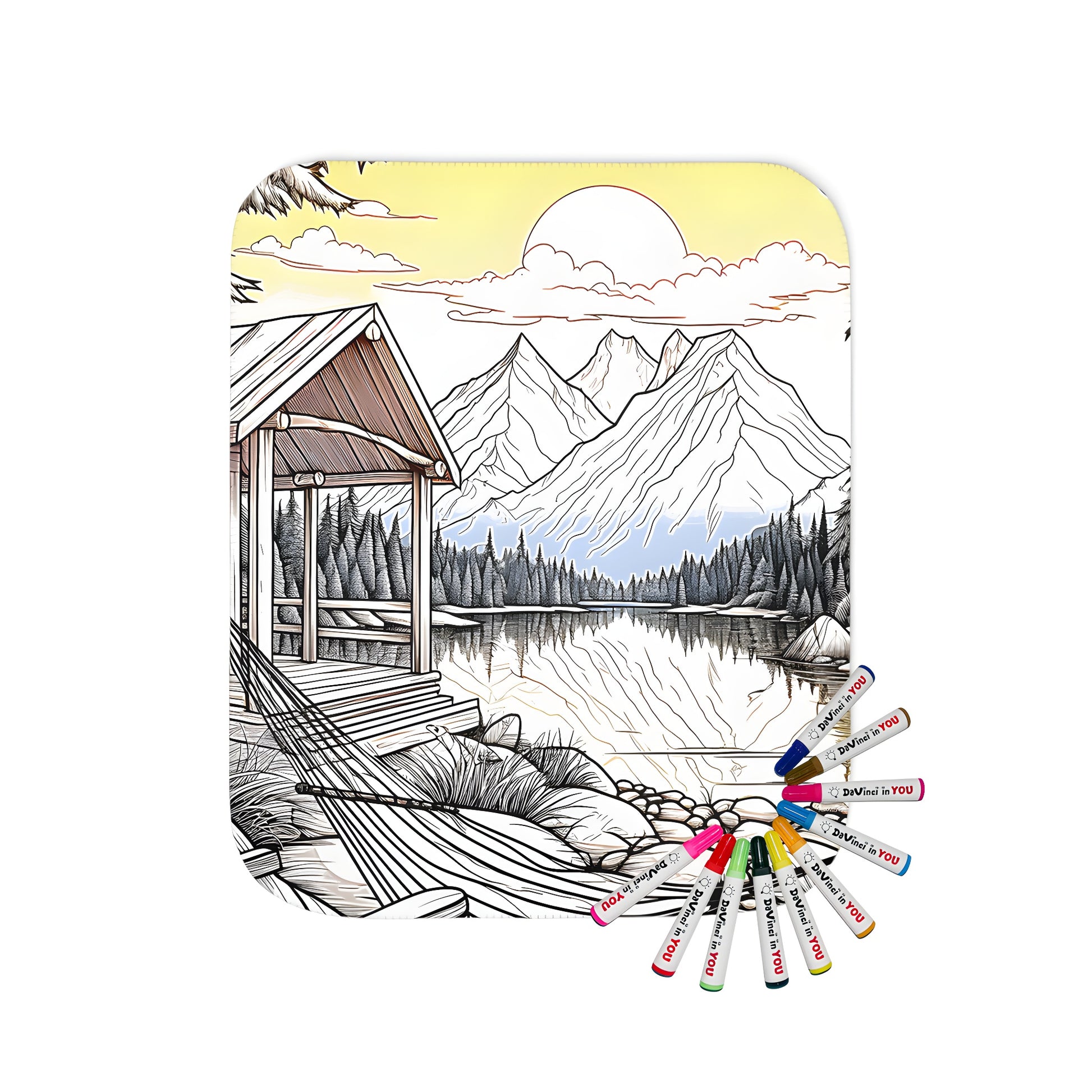 A cozy mountain cabin themed blanket for sale, featuring a serene lake and hammock