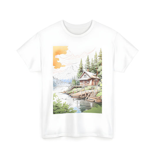 Unisex tee with colorful cabin by peaceful lake design