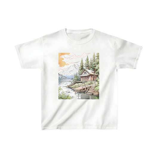 A colorful kid's t-shirt featuring a scenic mountain cabin scene by a serene lake with a dock and pine trees, perfect for little explorers.