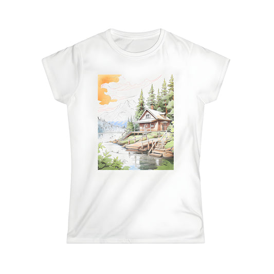 Women's Graphic Tee featuring Colorful Woodland Landscape Design with Peaceful Lake Scene and Wooden Cabin Style, Pine Trees, Mountains and Sunset Print