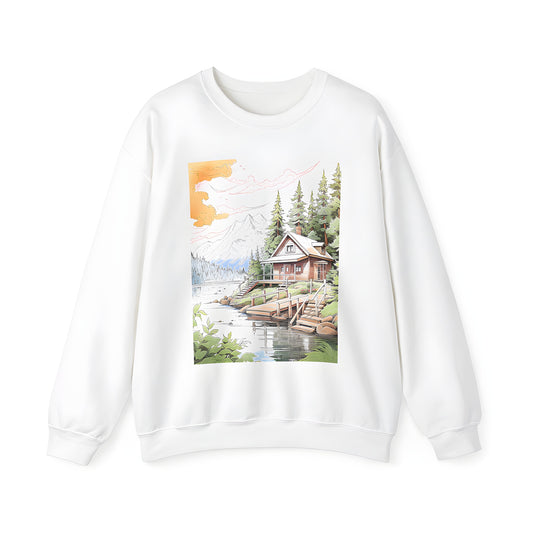 Adult Sweatshirt with scenic mountain cabin design, featuring a peaceful lake and wooden dock surrounded by pine trees under a warm sunset.