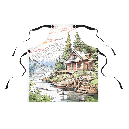 Colorful wooden cabin apron with mountain lake scene, perfect for outdoor enthusiasts