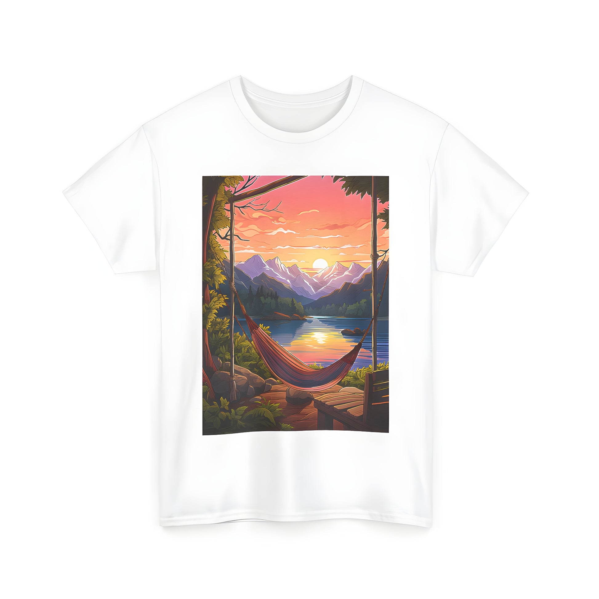 Relaxation Essentials Unisex Graphic Tee featuring a serene hammock scene by a tranquil lake with a breathtaking sky full of vibrant hues reminiscent of a mountain sunset or golden hour backdrop.