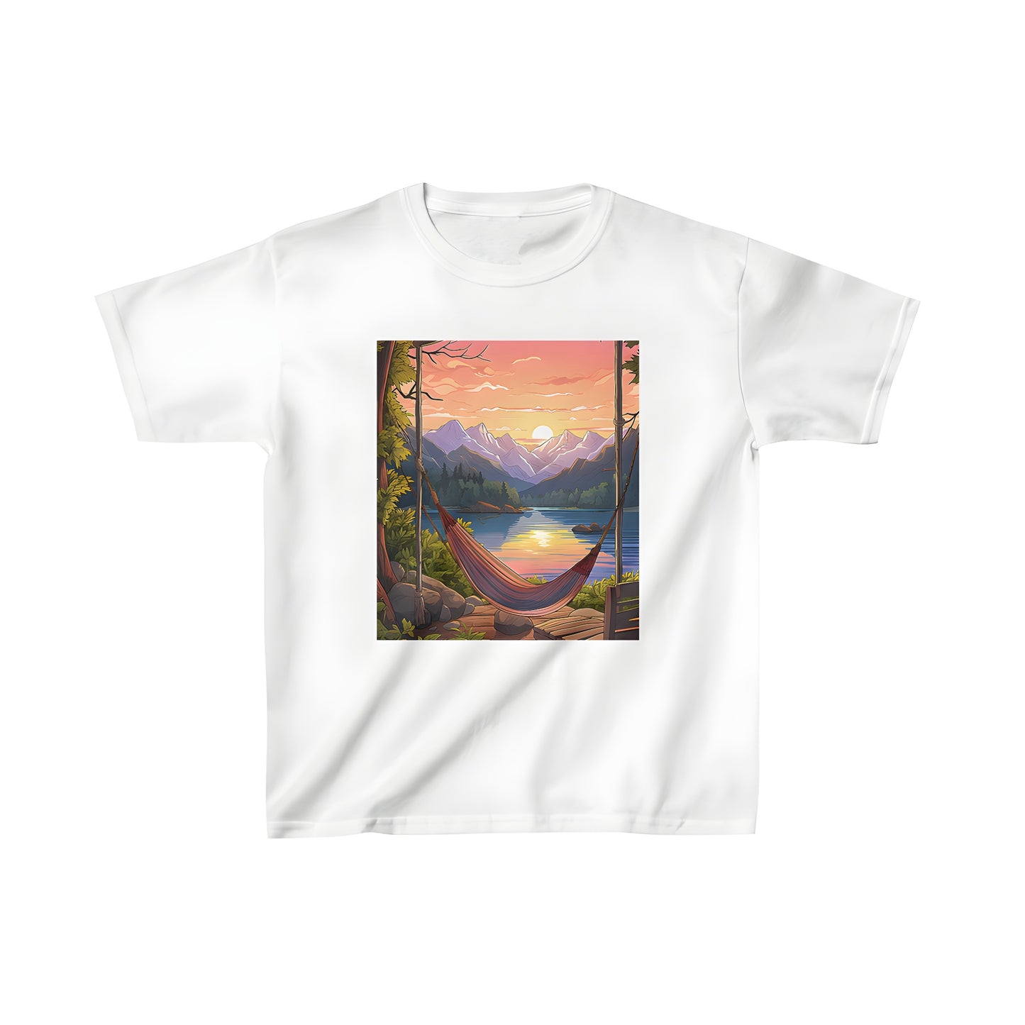 Colorful kids t-shirt featuring a serene lake scene and breathtaking mountain views at sunset