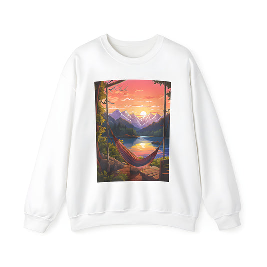 Adult sweatshirt featuring a serene hammock scene by a lake with breathtaking mountain views and sunset hues, perfect for relaxation.