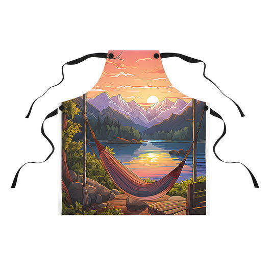 Colorful apron with serene hammock scene by lake and beautiful mountain backdrop