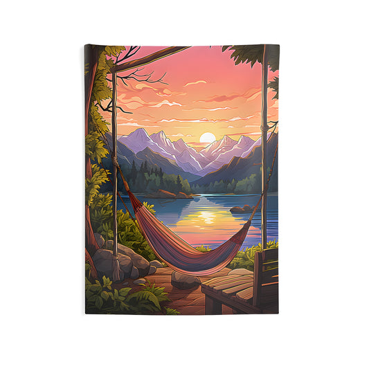 Indoor wall tapestry featuring a serene hammock scene by a lake with a beautiful mountain sunset background for relaxing ambiance.