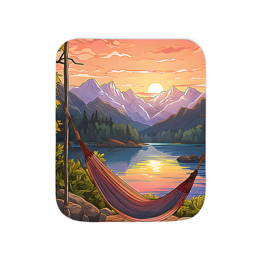 A vibrant blanket featuring a hammock scene by a serene lake with breathtaking Himalayan-inspired sunset backdrop