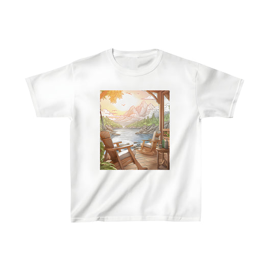 Colorful lake view shirt for kids, serene mountain lake scene on t-shirt, Adirondack chairs at sunset, soft sunlight and lush greenery design