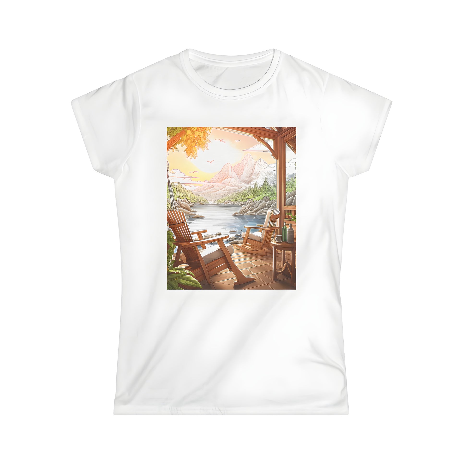 Women's casual tee featuring serene lake scene at sunset