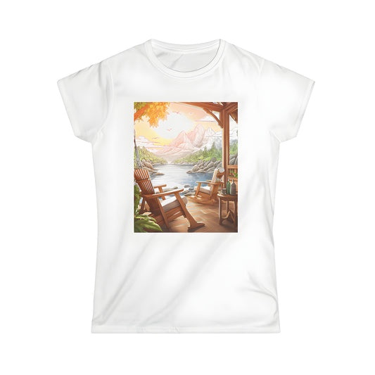 Women's casual tee featuring serene lake scene at sunset