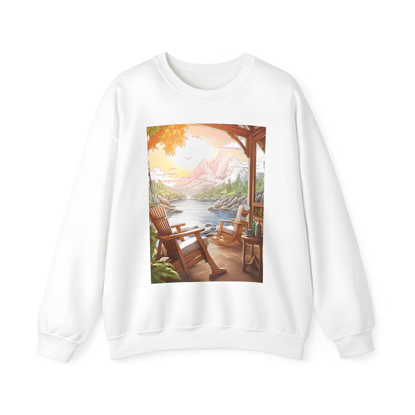 Serene lakefront sweatshirt with Adirondack chairs at sunset