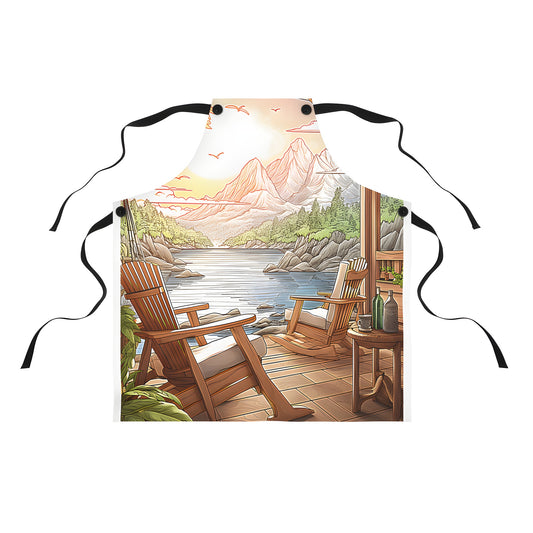 Colorful apron featuring a serene lake scene with Adirondack chairs at sunset, surrounded by lush greenery