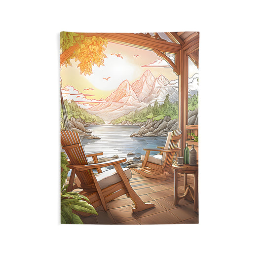 Indoor Wall Tapestry for bedroom or living room, featuring serene mountain lake scenery with Adirondack chairs and lush greenery at sunset.