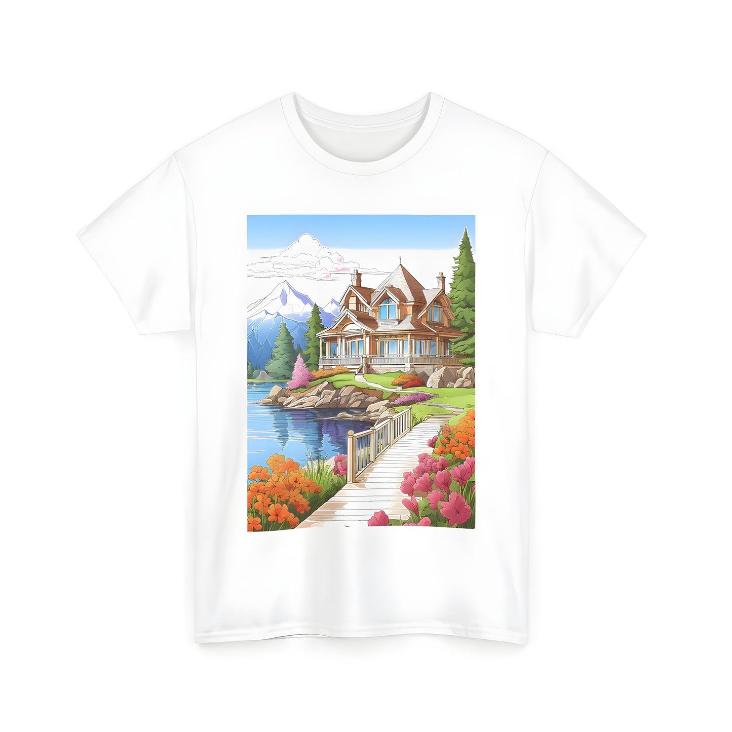 Colorful lakeside cabin t-shirt with scenic illustration of flowers, pathway, trees, and mountains under a clear blue sky