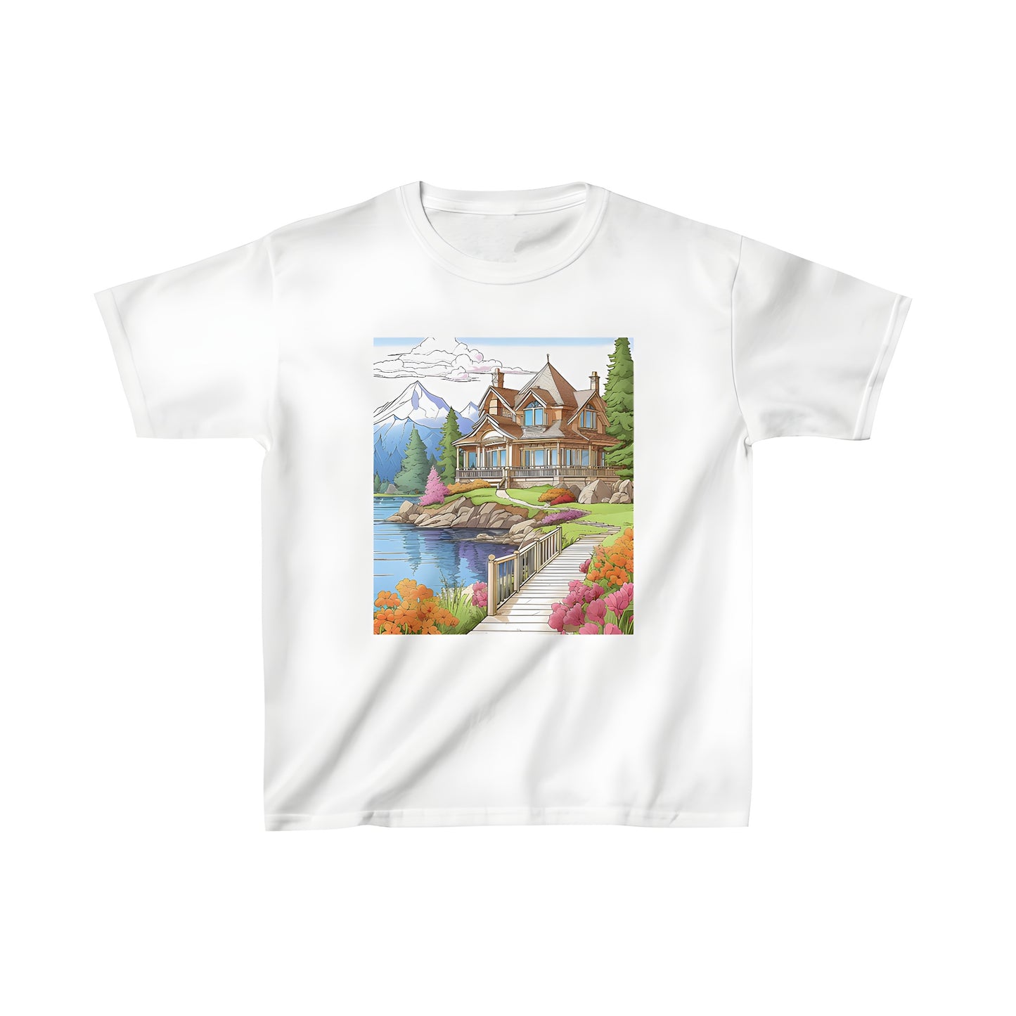 Colorful kid's t-shirt featuring a scenic illustration of a lake cabin, pathway, trees, and mountains under a clear blue sky.