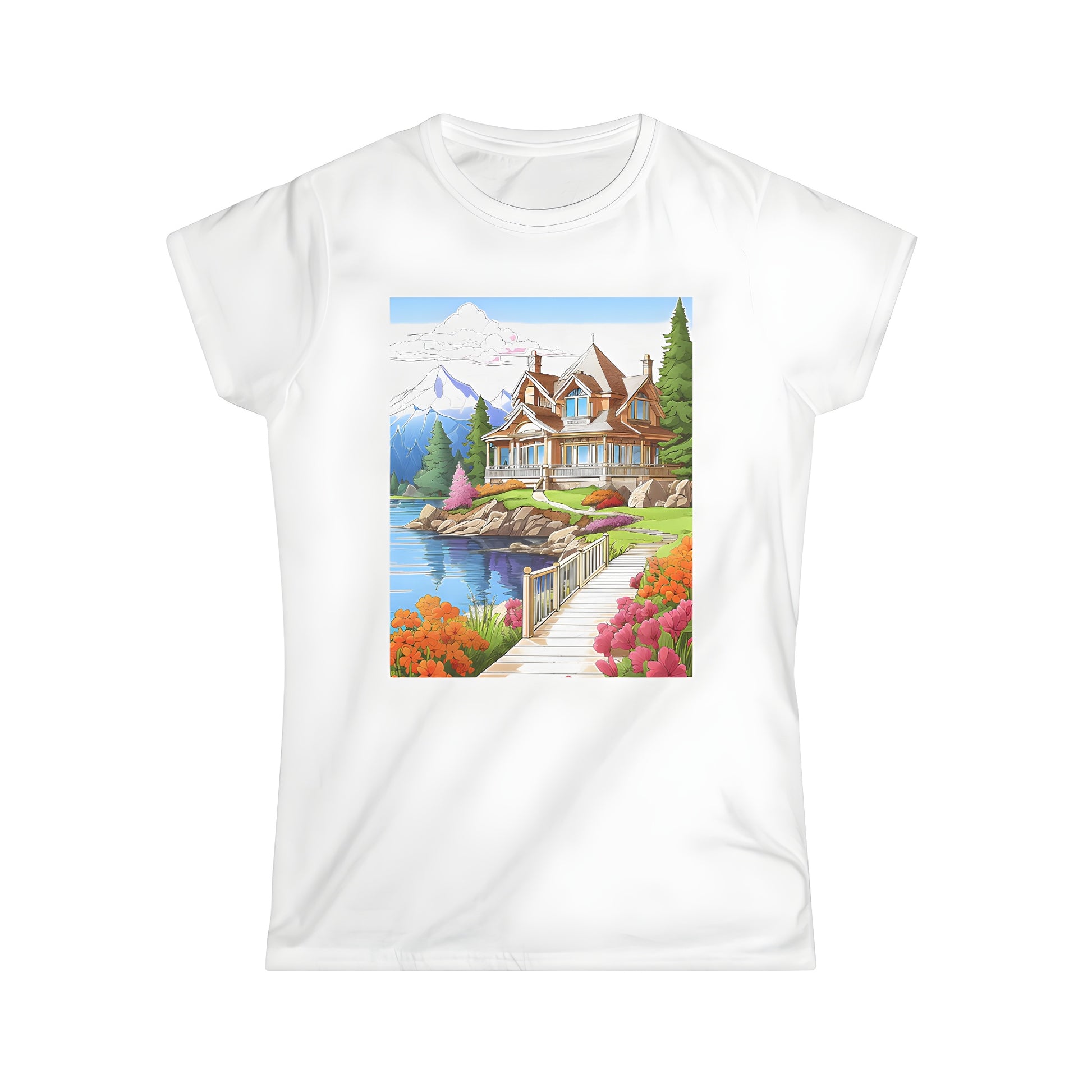 Colorful scenic illustration of lakeshore cabin, floral pathway, and mountain scenery on women's t-shirt