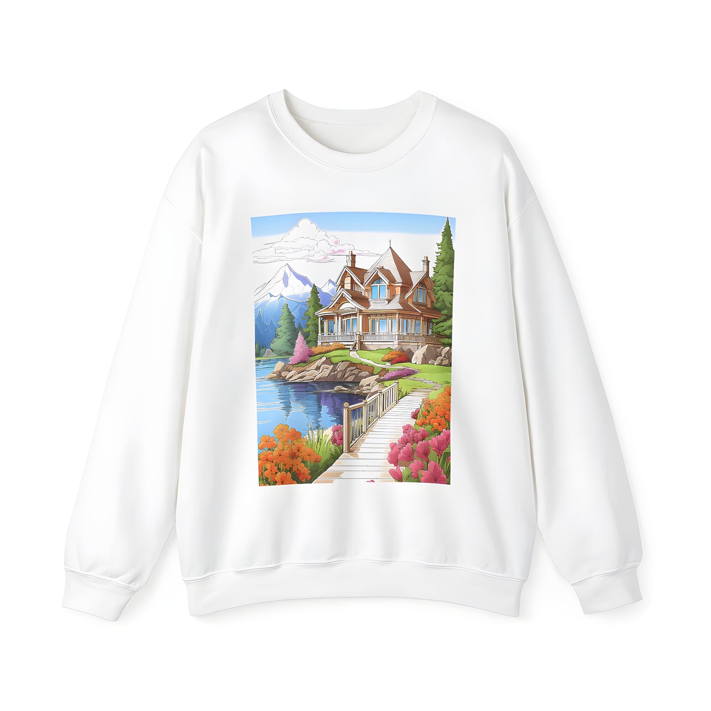 Colorful lakeside cabin sweatshirt