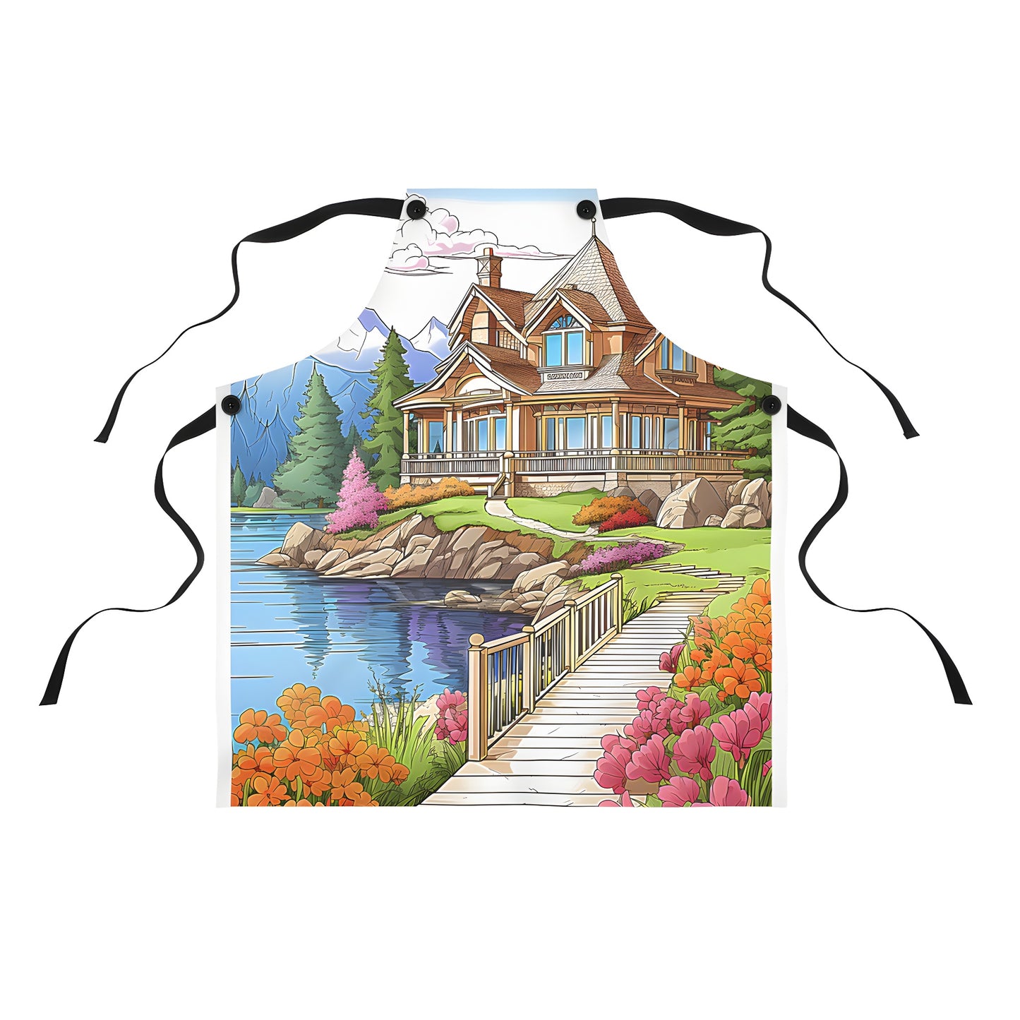 Colorful lakeside cabin themed apron with floral design