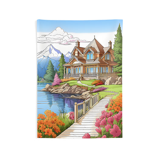 Colorful lakeside cabin wall tapestry design featuring flowers, trees, and mountains under a clear blue sky.