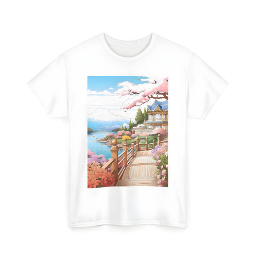 A serene Japanese-inspired floral t-shirt design featuring a cherry blossom garden scene with wooden bridge, blossoms, flowers, house, and mountain backdrop