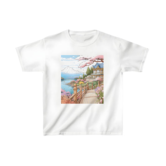 Colorful kid's t-shirt featuring a serene cherry blossom garden scene with wooden bridge, blossoms, flowers, house, and mountain backdrop.