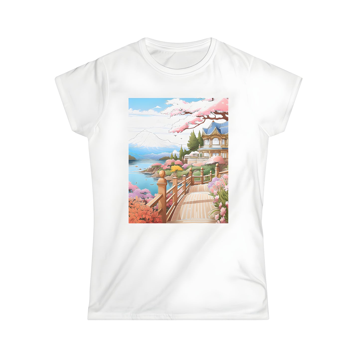 A vibrant and stylish women's t-shirt featuring a serene cherry blossom garden scene with a wooden bridge, blossoming flowers, and a picturesque mountain backdrop.