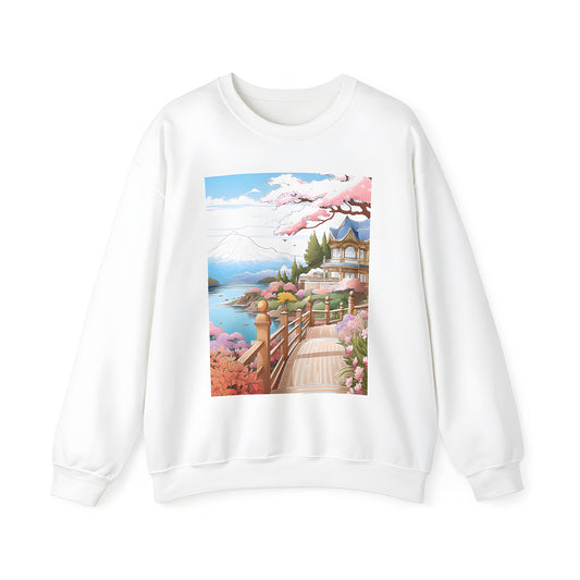 Adult Cherry Blossom Garden Print Sweatshirt - Serene Wooden Bridge Floral Pattern