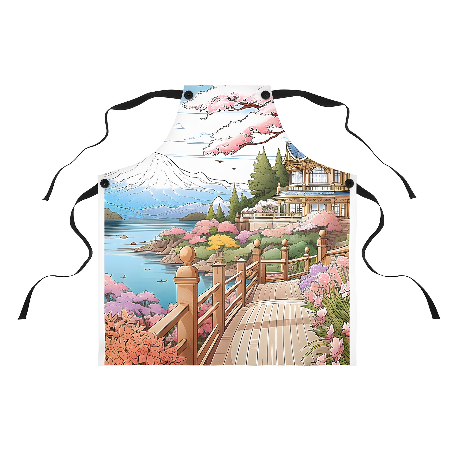 Colorful apron featuring a serene cherry blossom garden design with wooden bridge, blossoms, flowers, house, and mountain backdrop