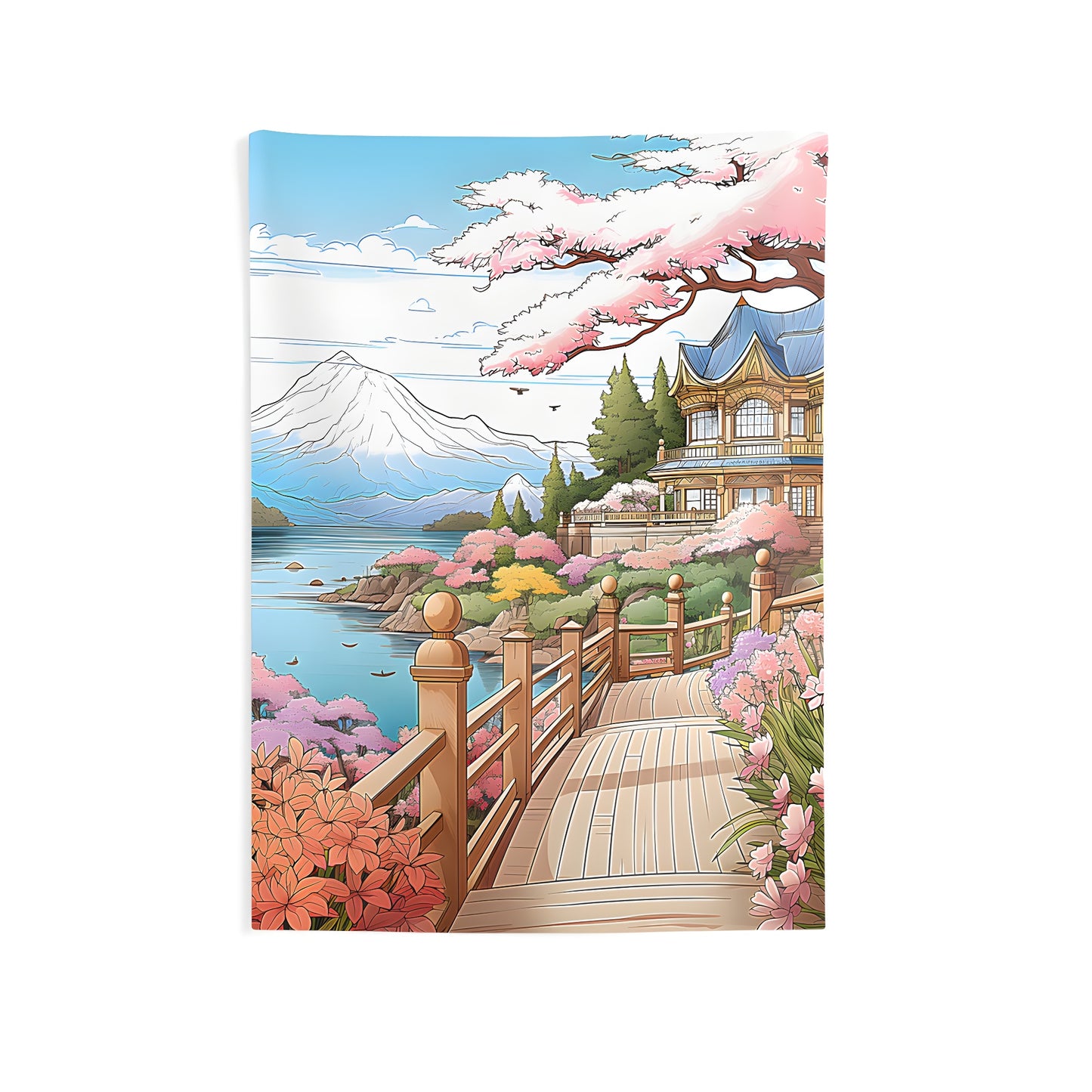 Indoor wall tapestry featuring a colorful serene cherry blossom garden design, wooden bridge, flowers, house and mountain backdrop