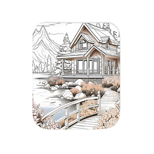 Cozy rural retreat blanket featuring a charming cottage scene with rolling hills, lake, and wooden bridge