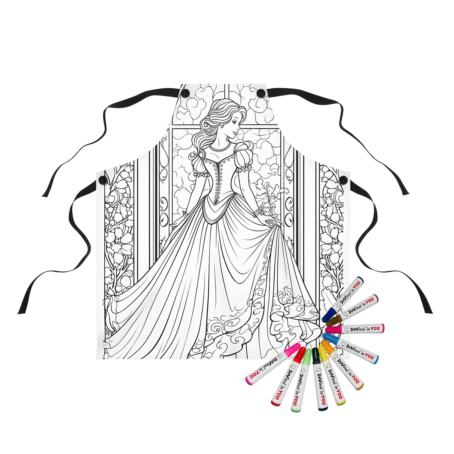 Apron with detailed coloring page design of a princess, royalty, queen, monarch, female sovereign, woman ruler, elegant woman in flowing gown