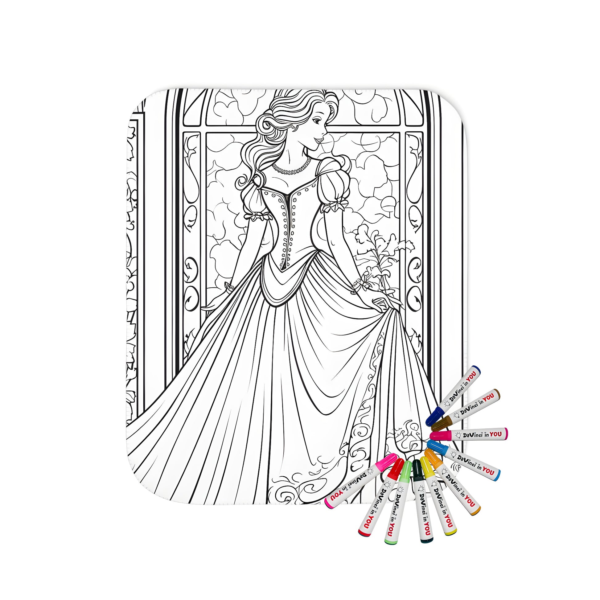 Blanket with elegant princess coloring page design, featuring royalty and fantasy elements