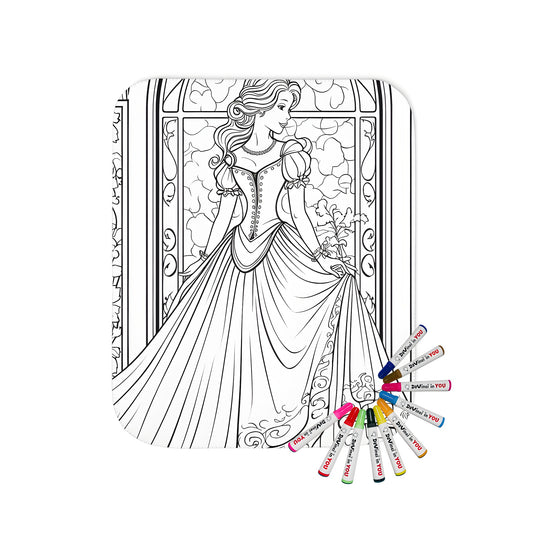 Blanket with elegant princess coloring page design, featuring royalty and fantasy elements