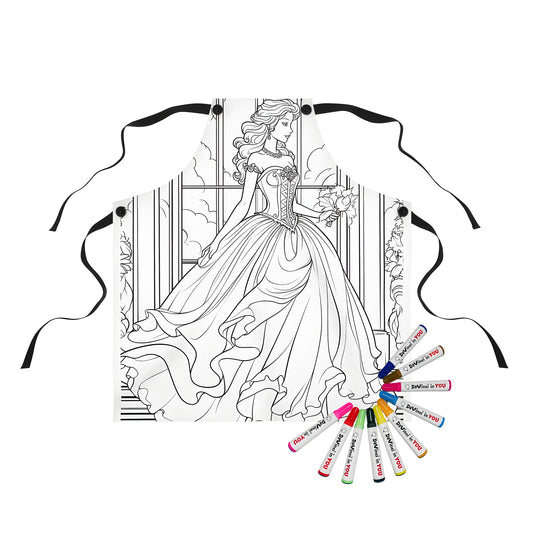 Apron with coloring page design of princess in castle, fabric markers included