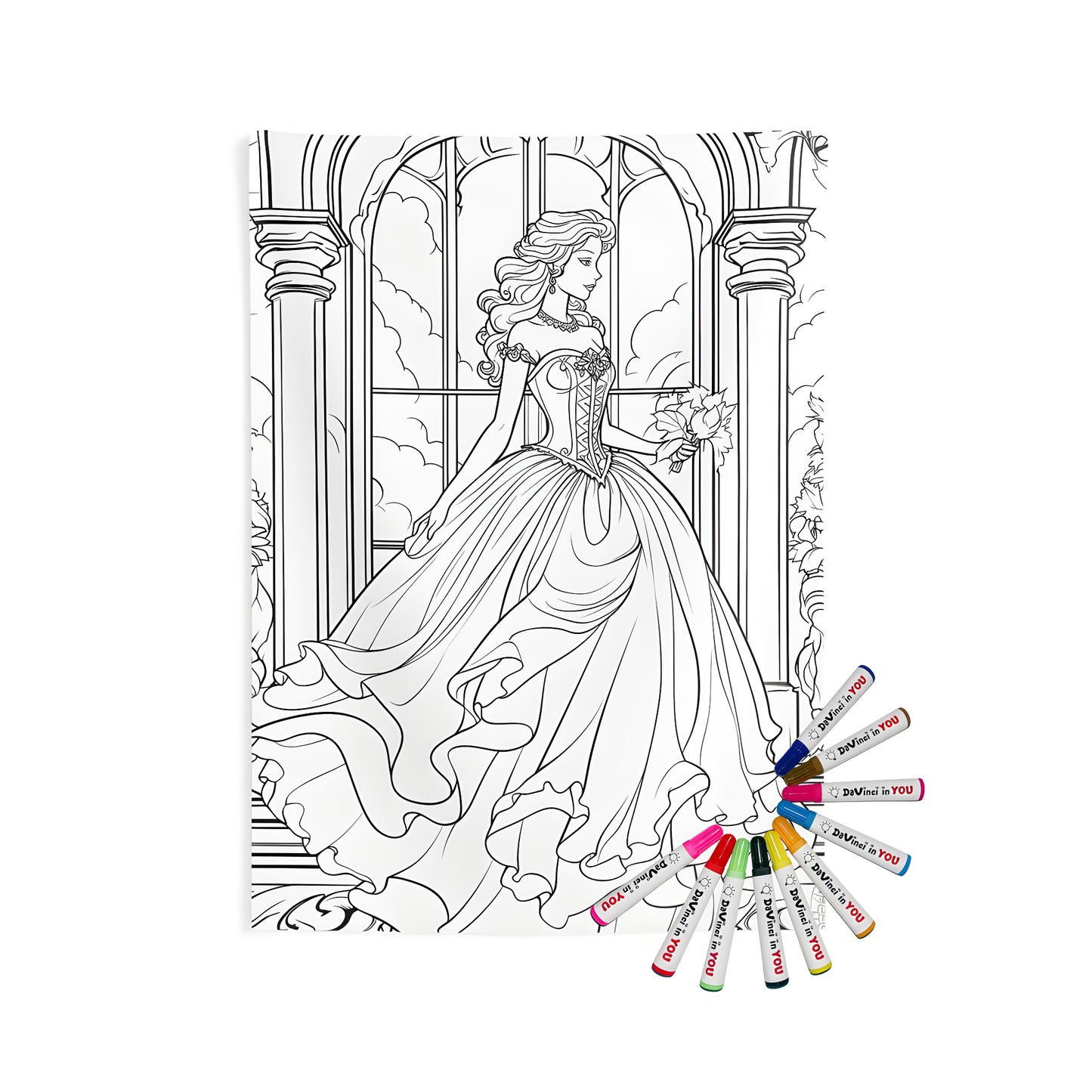 Indoor wall tapestries coloring kit with princess castle design, featuring detailed artwork of royal princess standing inside medieval castle with arched window and fluffy clouds