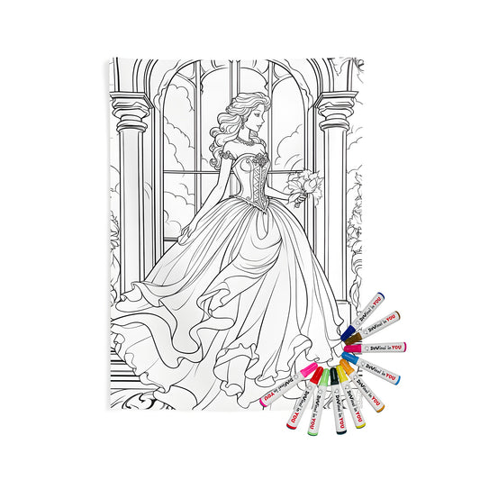 Indoor wall tapestries coloring kit with princess castle design, featuring detailed artwork of royal princess standing inside medieval castle with arched window and fluffy clouds