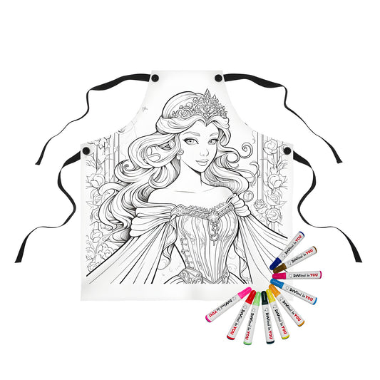 Apron with royal princess design, featuring detailed drawing of princess in tiara and ornate gown, surrounded by roses, perfect for kids' art projects