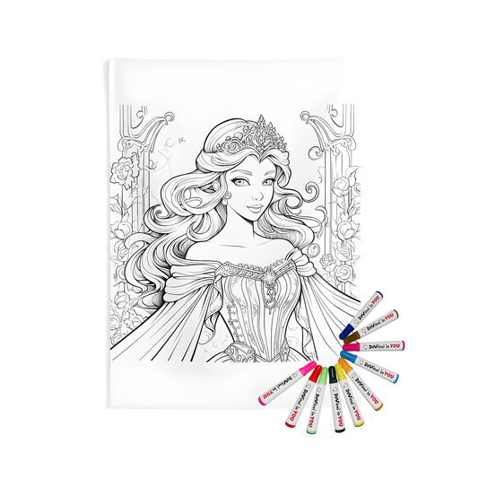 Colorful royal princess wall hanging with tiara and rose details, part of an indoor tapestries coloring kit