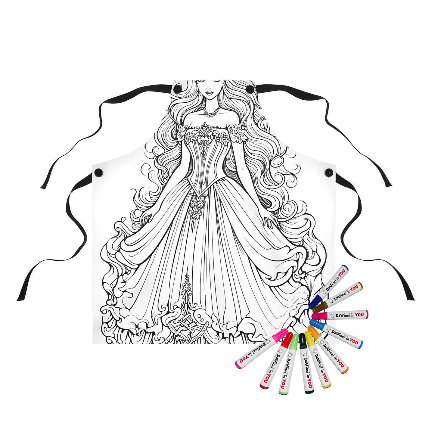 Apron featuring a beautiful princess wearing an elegant gown with intricate designs, tiara, and flowing hair, accompanied by colorful fabric markers for coloring