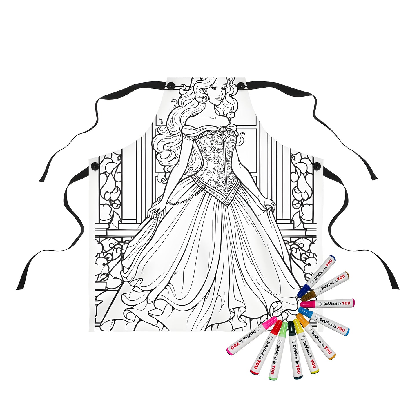 Apron with detailed coloring page design of princess, royal ladies, noble woman and ladylike gown