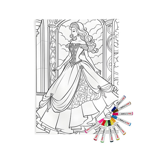 Indoor wall tapestry of elegant princess design, beautiful coloring page, vibrant fabric markers included