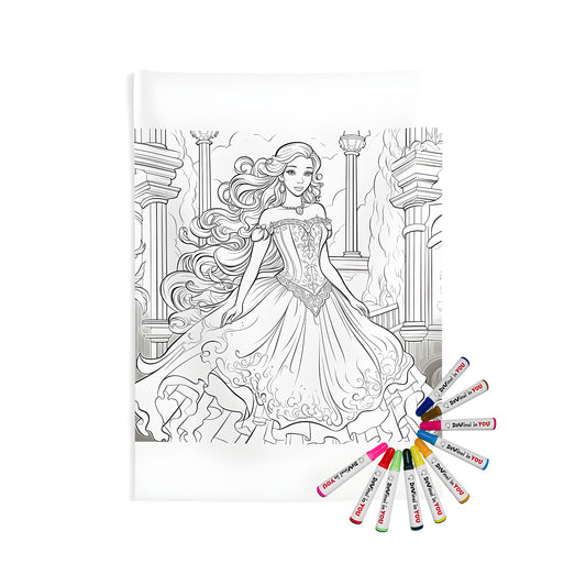 Indoor wall tapestries for sale featuring a coloring page inspired princess with long flowing hair and intricate gown in front of grand columns