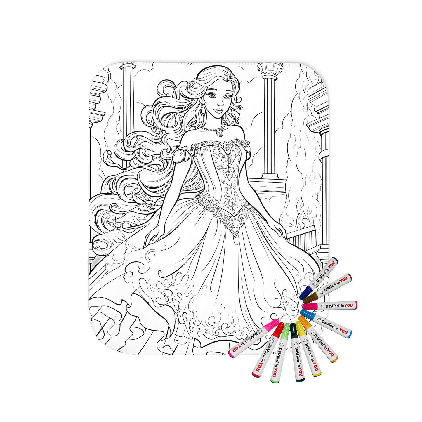 Blanket with elegant dress coloring page design and fabric markers