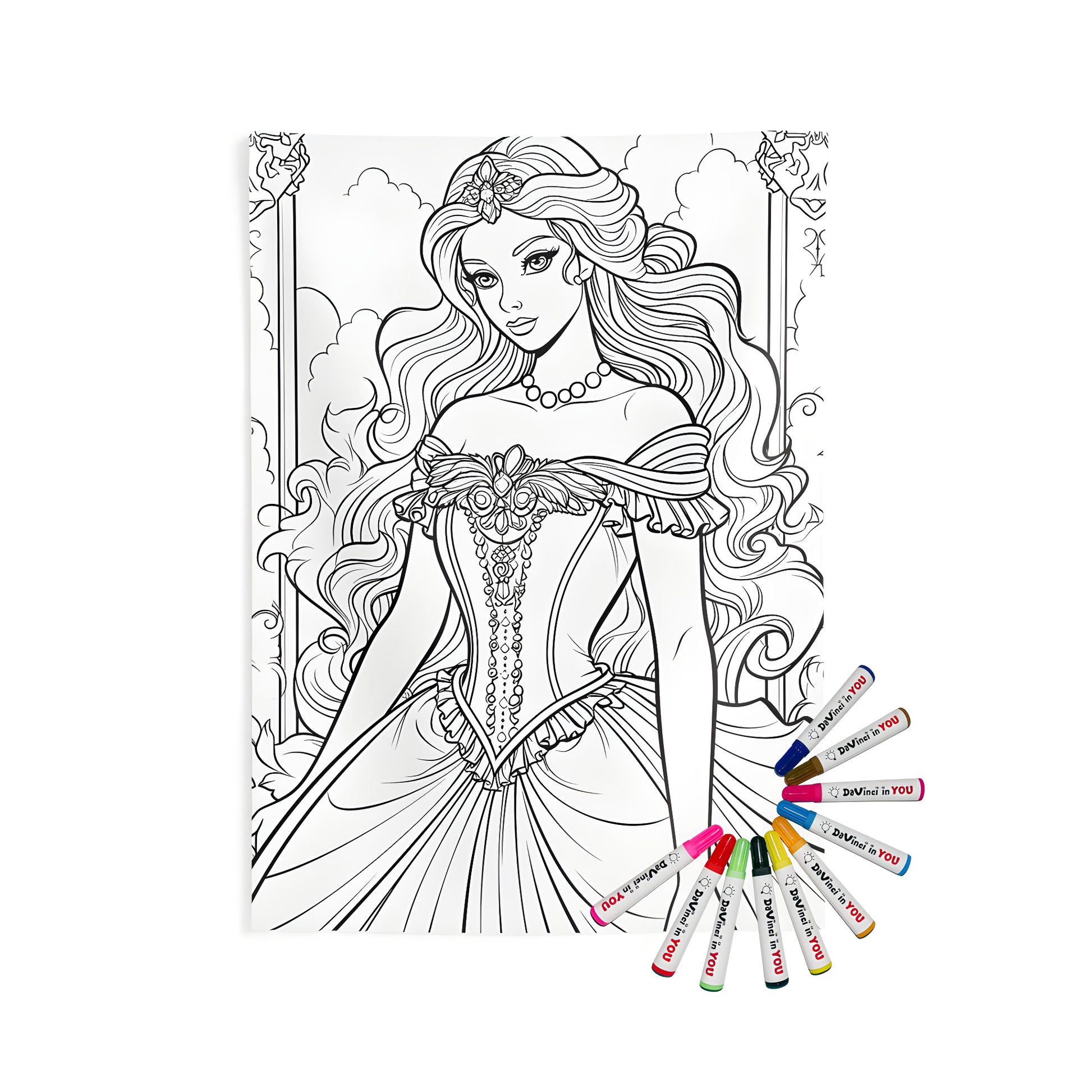 Indoor wall tapestry design of princess figurine with flowing hair, elegant princess art, royalty decor